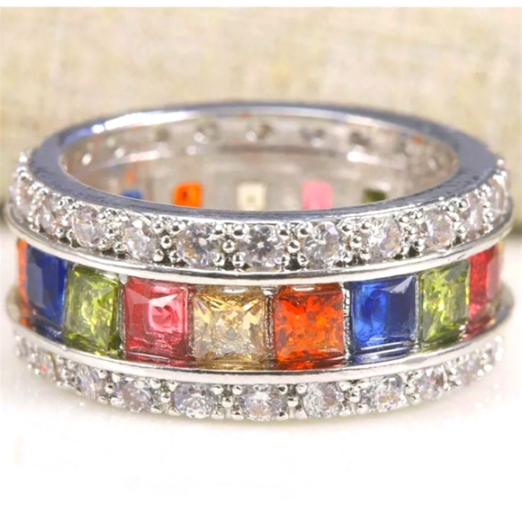 Rainbow Center Banquets White Topaz Silver 925 Ring - Picture 1 of 4